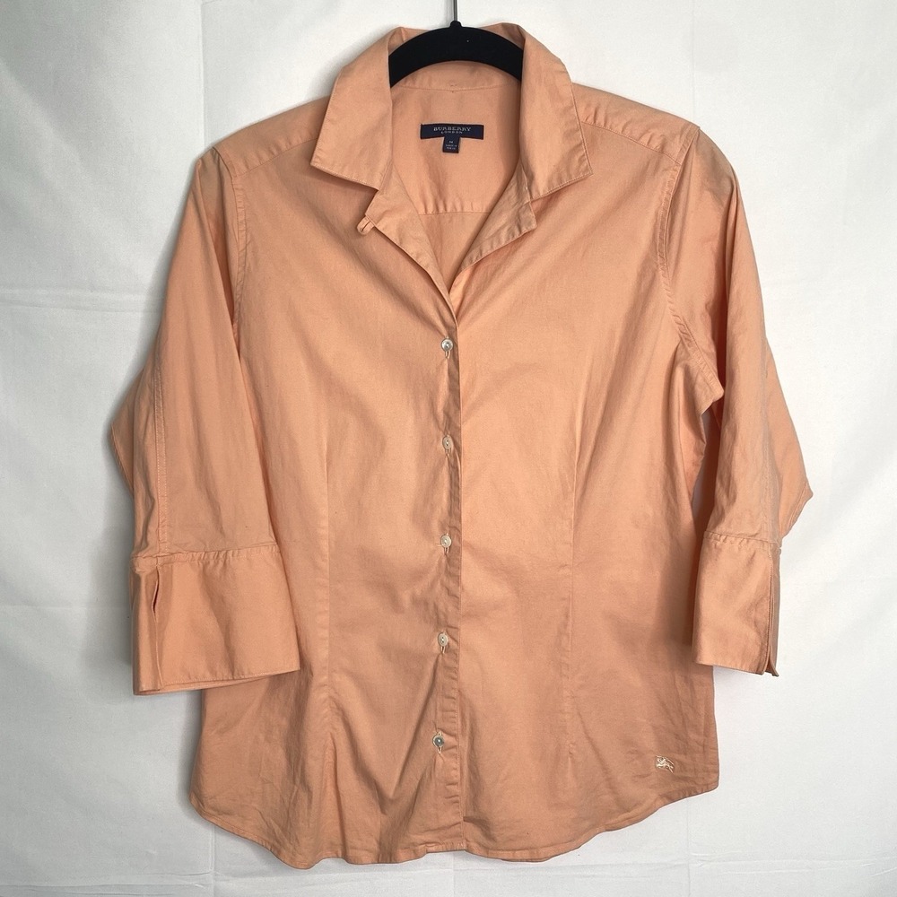 Burberry London Peach Stretch Cotton 3/4 Sleeve Button Down Shirt Sz M Workwear